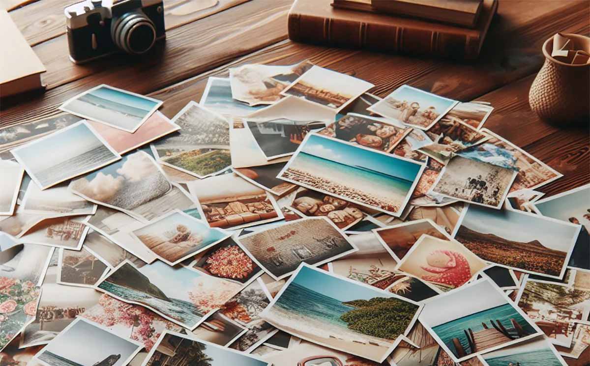 De nombreuses photos posées sur une table avec un appareil photo ancien De nombreuses photos posées sur une table avec un appareil photo ancien