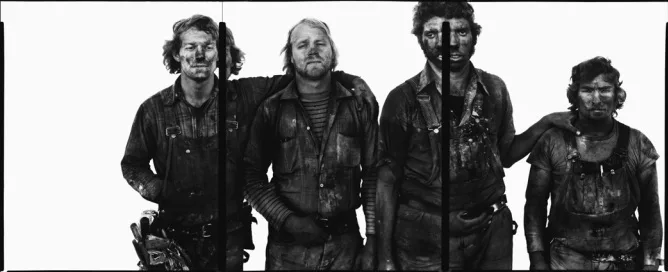 Roger Tims, Jim Duncan, Leonard Markley, Don Belak, coal miners, Reliance, Wyoming, August 29, 1979.